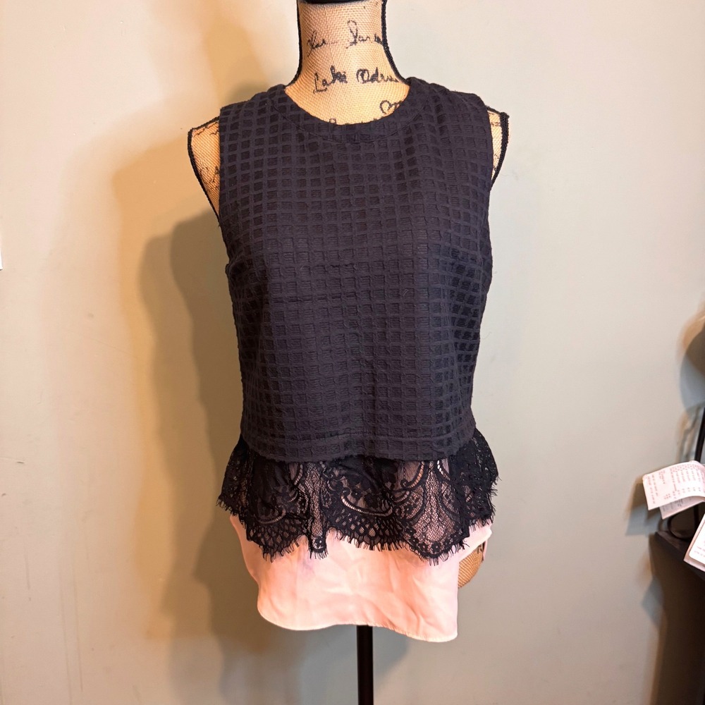 Greylin Sleeveless Peplum Top Black Waffle Knit Lace Trim Pink Hem Size M